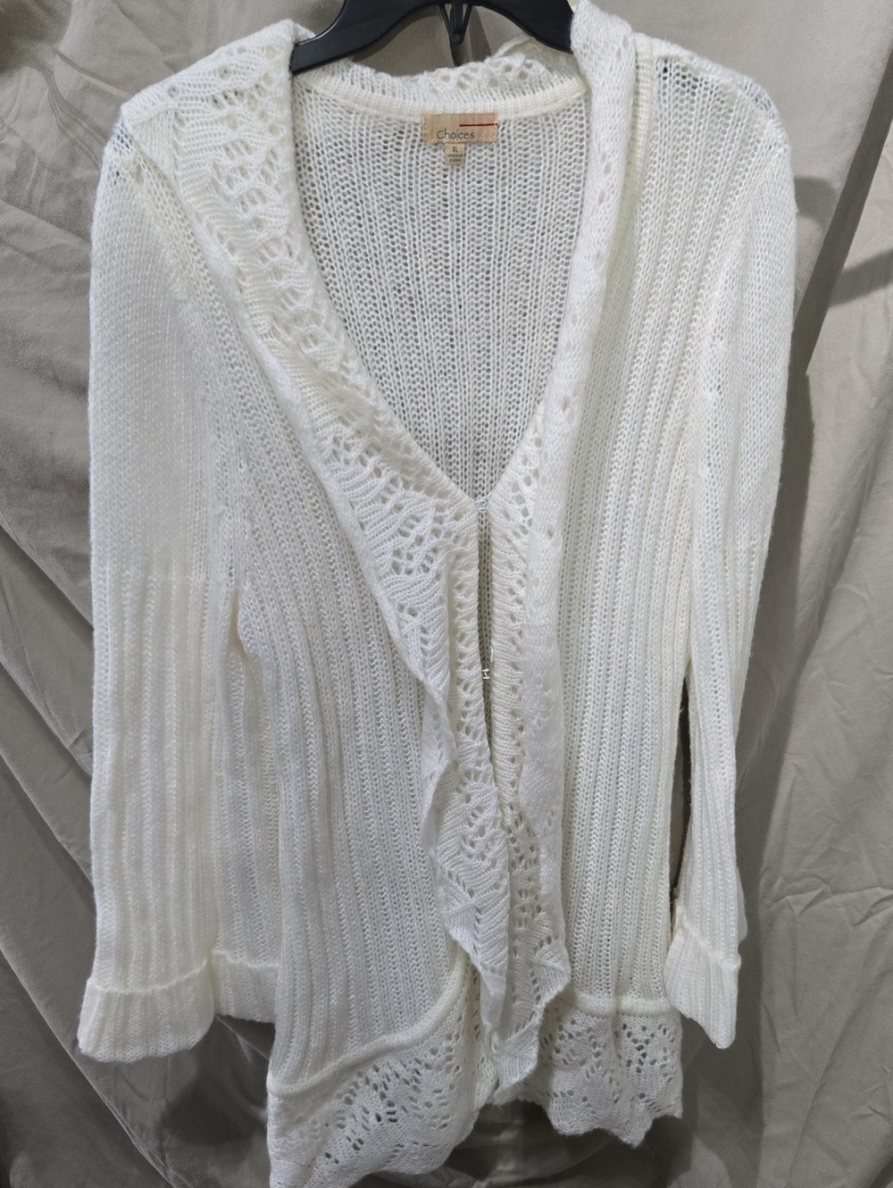 Choices White Open-Front Knit Cardigan with Lace Trim
